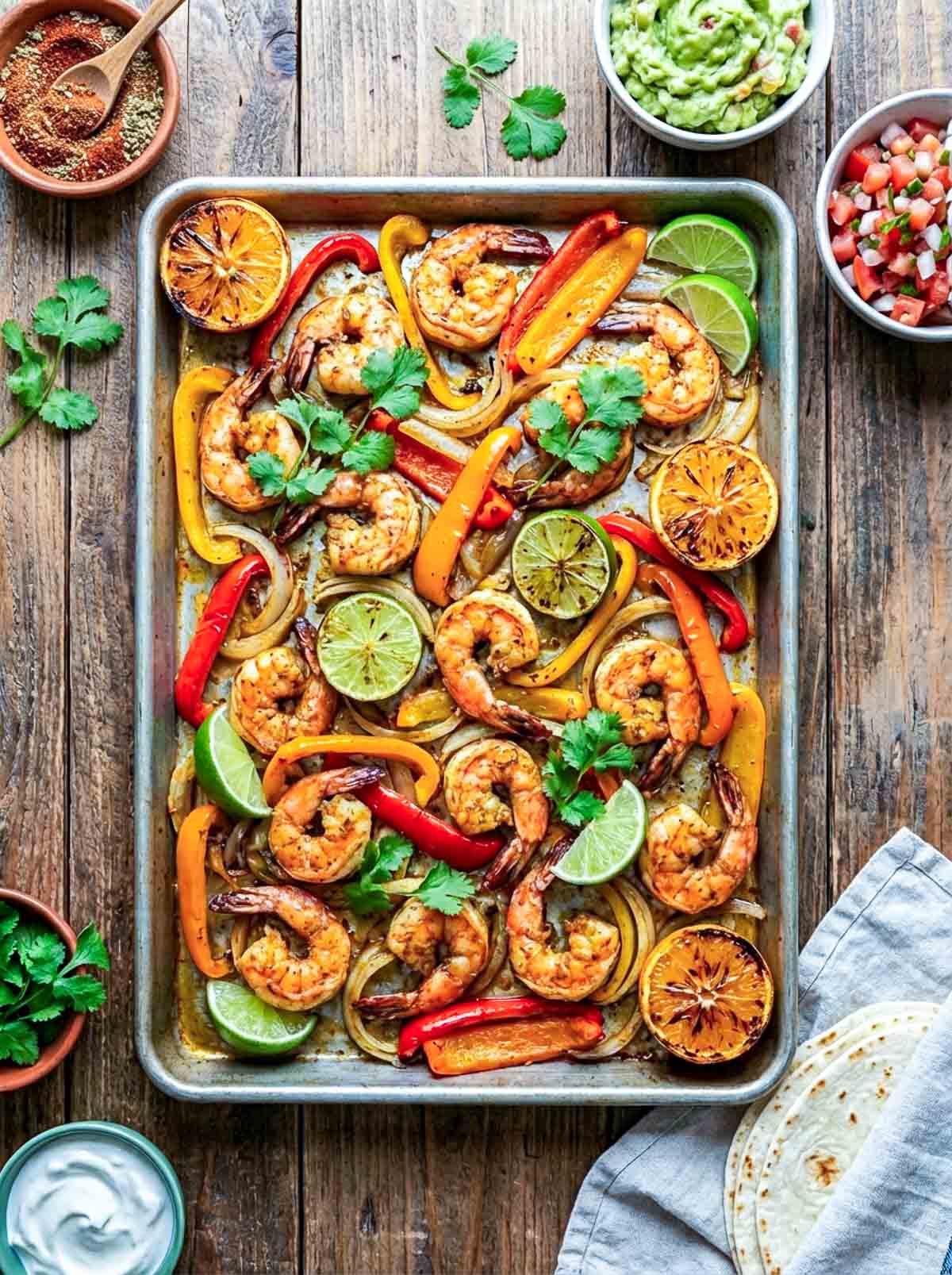 A baking tray full of shrimp fajitas with charred peppers.