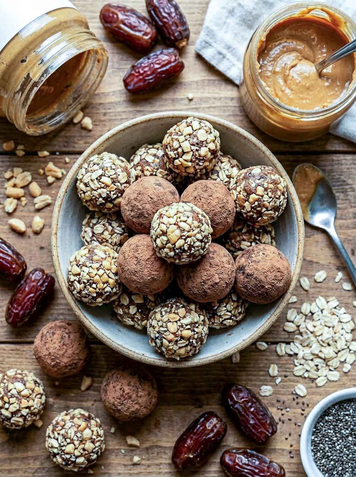 Vegan peanut butter high-protein energy balls with dates in a ceramic bowl, finished two ways — rolled in crushed peanuts and oats and dusted with cocoa powder — with whole medjool dates, two jars of peanut butter, rolled oats, and a small bowl of chia seeds on a rustic wooden surface.
