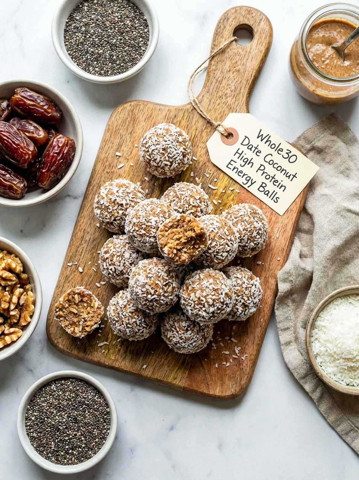 Whole30 date coconut high-protein energy balls rolled in shredded coconut on a wooden board, with cut balls showing a walnut and chia seed interior, surrounded by bowls of medjool dates, walnuts, chia seeds, shredded coconut, and a jar of almond butter on a marble surface.