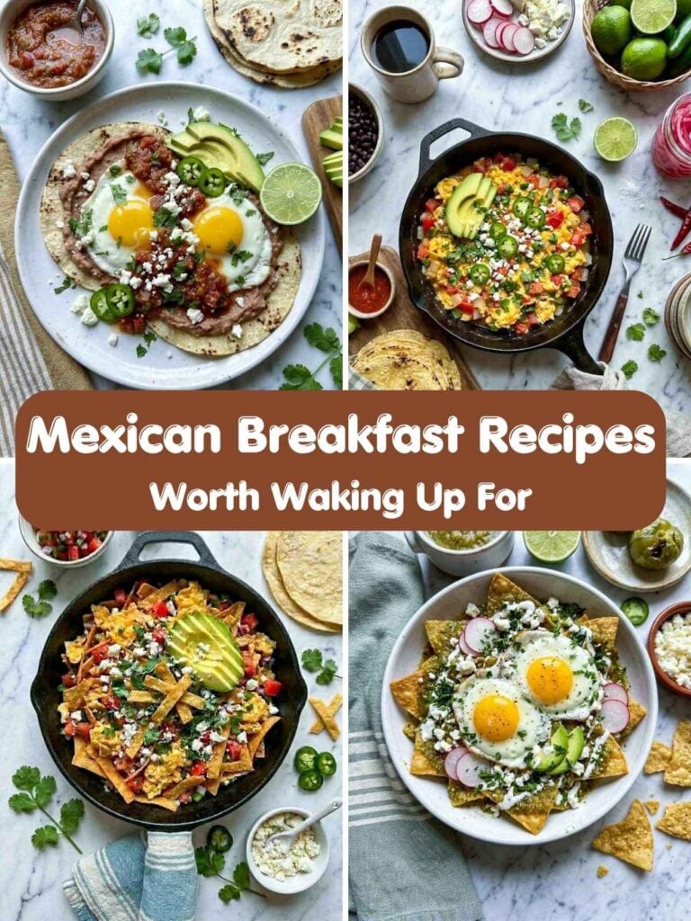 Mexican breakfast recipe collage with huevos rancheros, breakfast bowls, skillet eggs, chilaquiles, avocado, salsa, and tortillas.