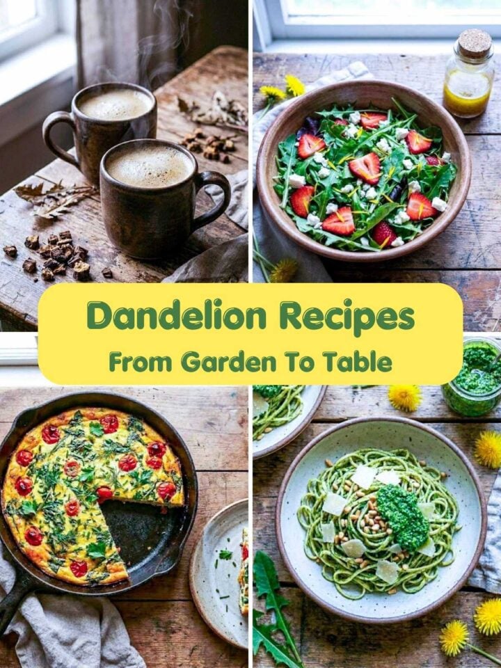 A four-image collage of dandelion recipes using fresh greens and flowers.