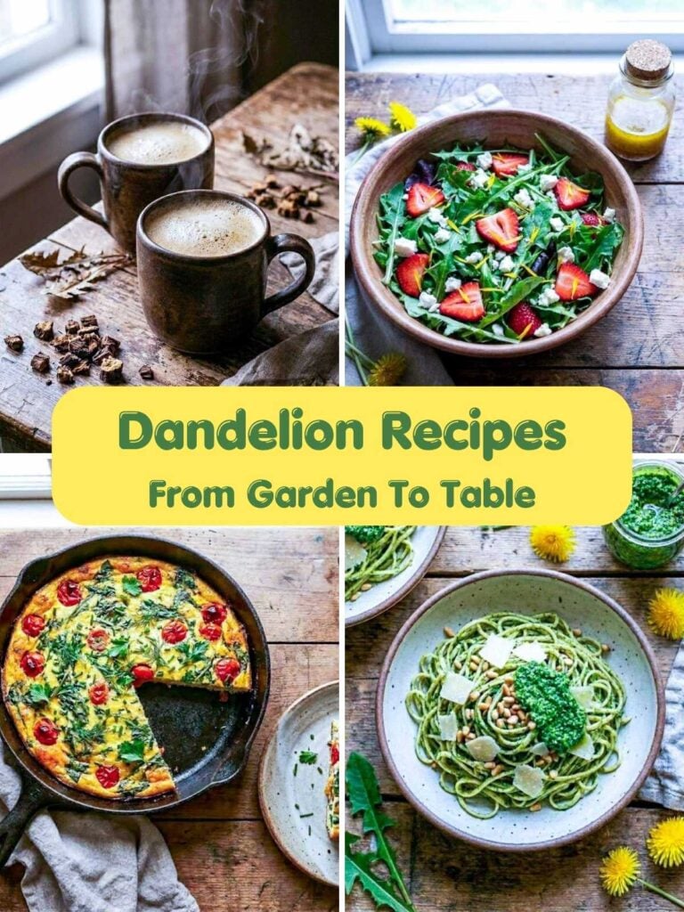 A four-image collage of dandelion recipes using fresh greens and flowers.