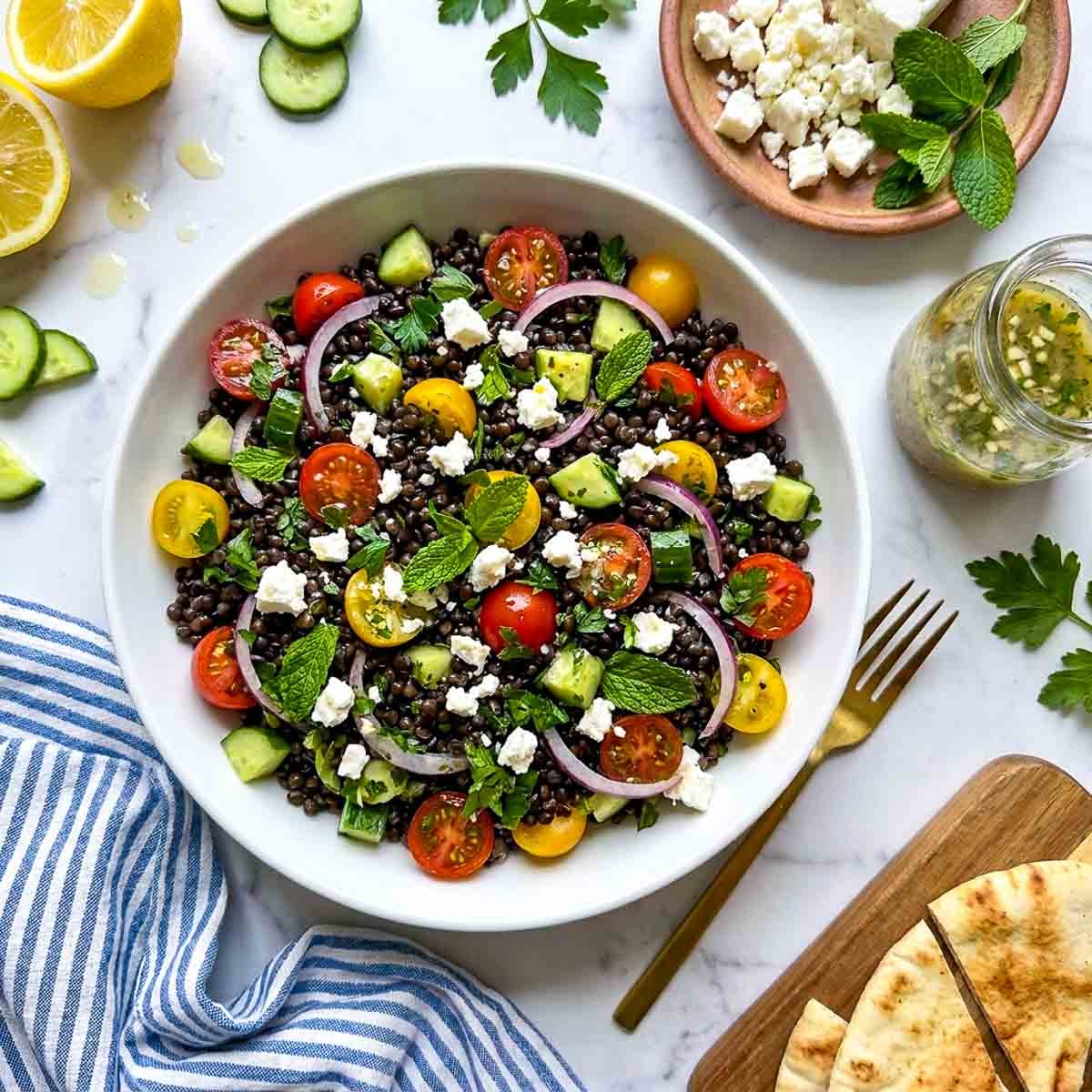 Black lentil salad with cherry tomatoes, cucumber, red onion, fresh herbs, and crumbled feta cheese served in a white bowl with lemon dressing and pita bread on the side.