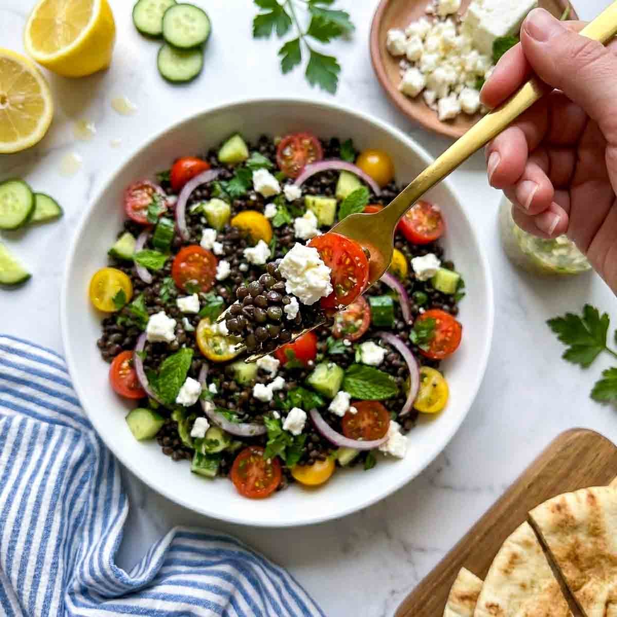 Spoonful of black lentil salad with feta cheese, tomato, cucumber, and fresh herbs lifted above a bowl of Mediterranean-style lentil salad.