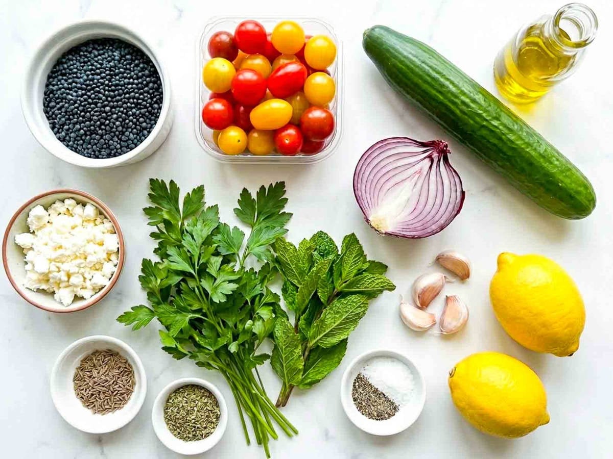 Ingredients for black lentil cold salad arranged on a marble surface, including black lentils, cherry tomatoes, cucumber, red onion, feta cheese, fresh parsley, mint, lemon, olive oil, garlic, and seasonings.