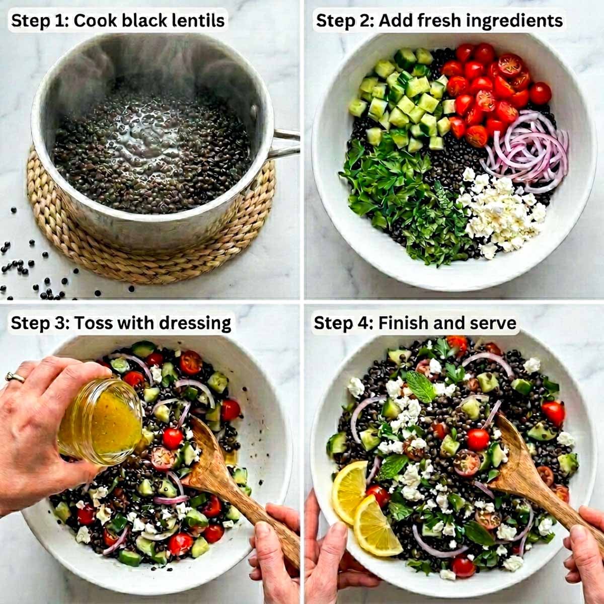 Four-step collage showing how to make black lentil cold salad by cooking lentils, adding fresh vegetables and herbs, tossing with dressing, and serving the finished salad.