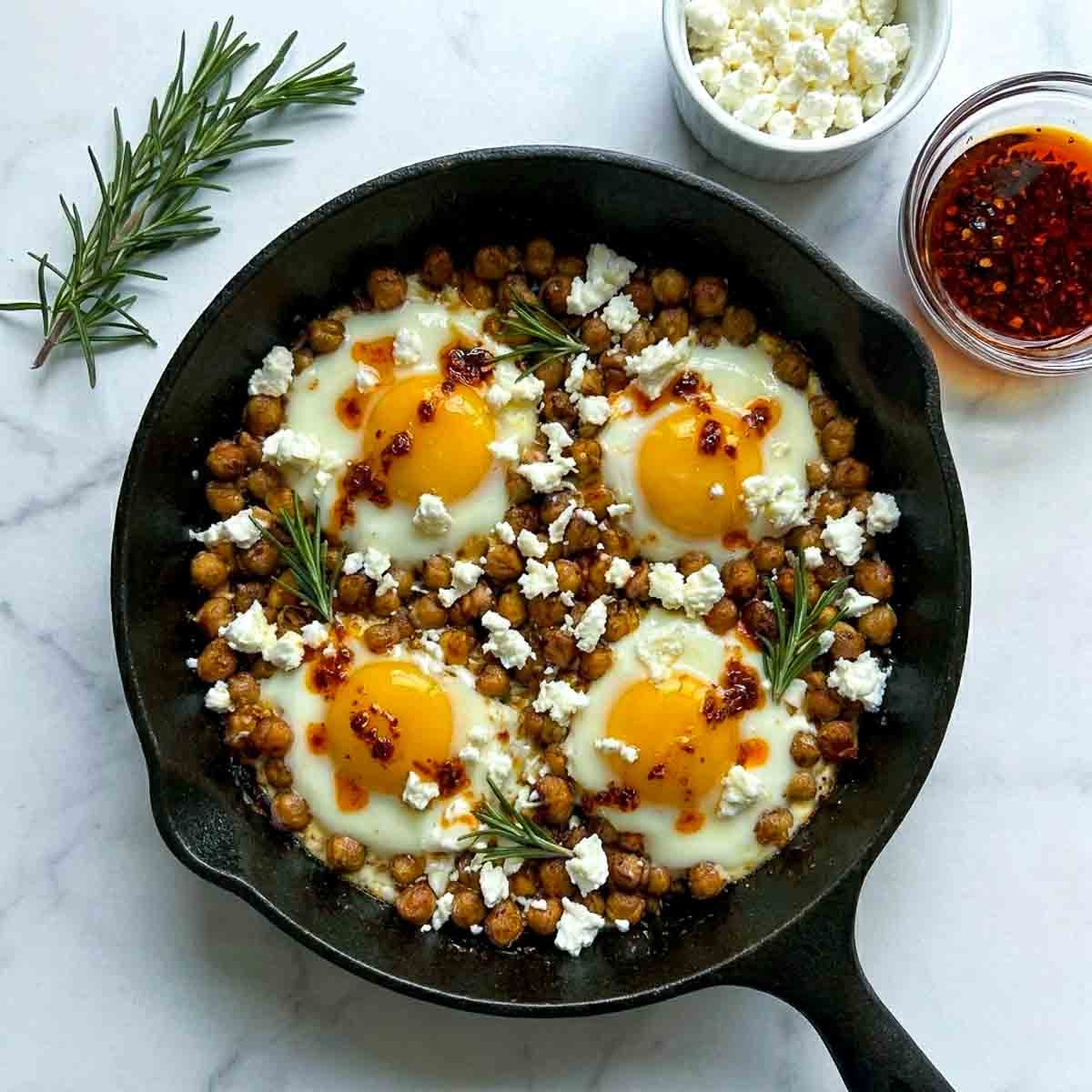Overhead view of a cast iron skillet with four chickpea fried eggs topped with crumbled feta, chili oil, and fresh rosemary sprigs, with small bowls of feta and chili oil alongside on a marble surface.