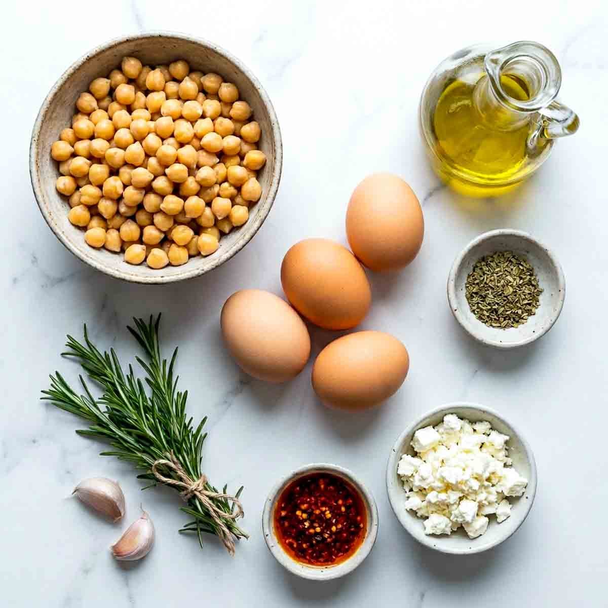 Flat lay of ingredients for chickpea fried eggs on a white marble surface, including a bowl of chickpeas, four eggs, olive oil, garlic, fresh rosemary, dried herbs, chili oil, and crumbled feta.