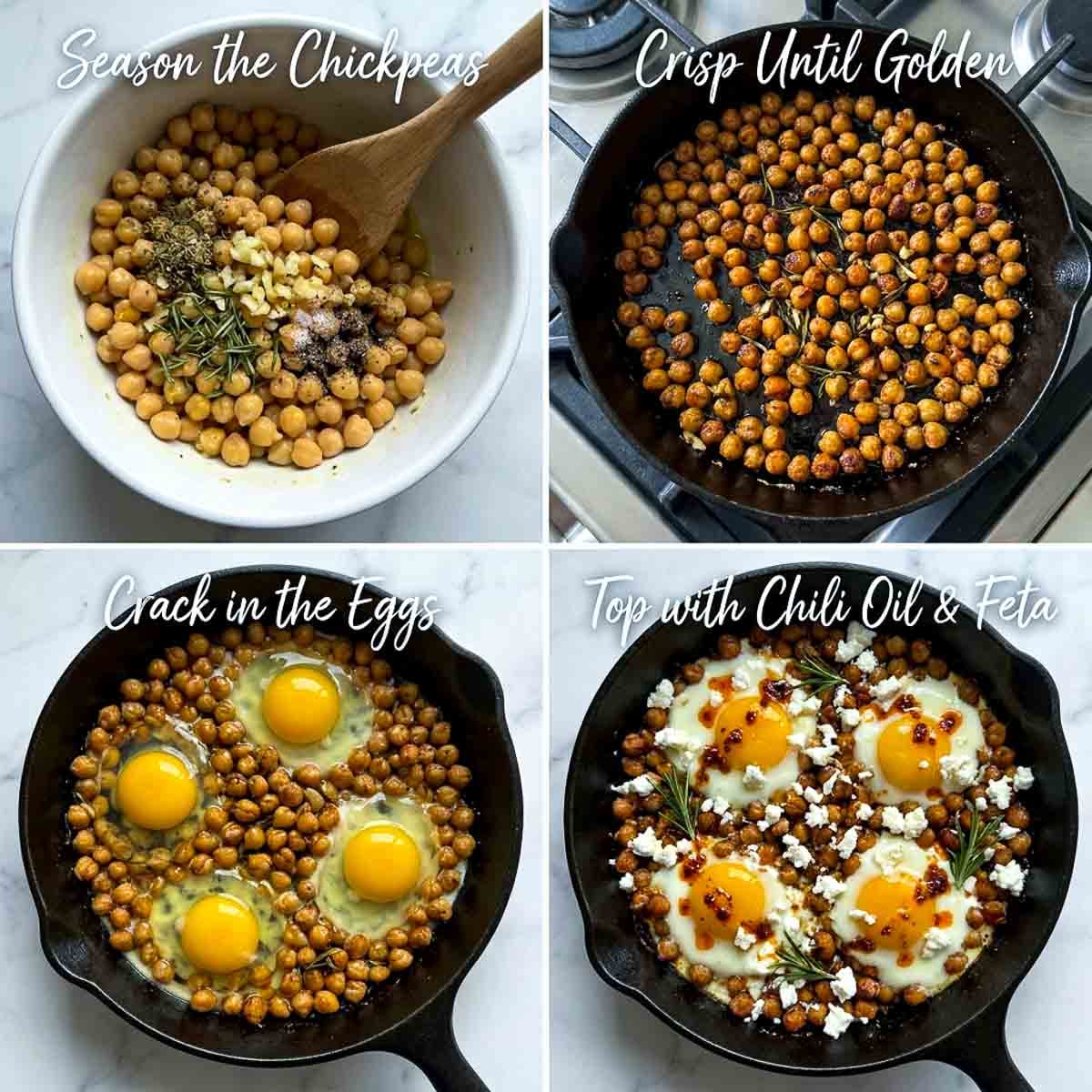 Four-step process collage showing how to make chickpea fried eggs: seasoning chickpeas in a bowl, crisping them golden in a cast iron skillet, cracking in eggs, and finishing with chili oil and feta.