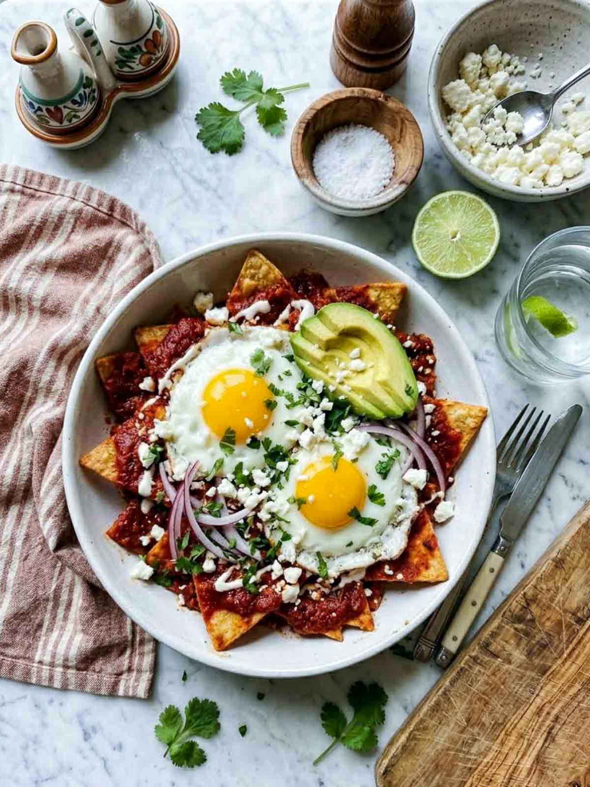 Overhead shot of a wide white ceramic bowl of chilaquiles rojos topped with two sunny-side-up fried eggs, sliced avocado, crumbled cotija, red onion rings, and fresh cilantro, on a white marble surface with a muted striped linen napkin, bowls of cotija and salsa, and halved limes in the background.
