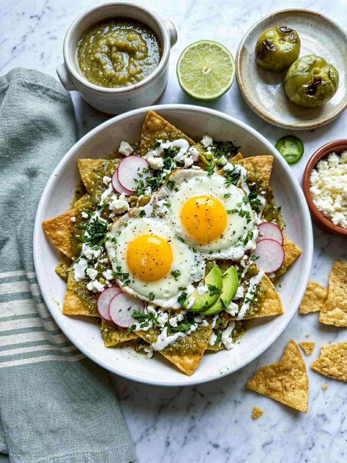 Overhead shot of a wide white ceramic bowl of chilaquiles verdes topped with two sunny-side-up fried eggs, crumbled queso fresco, sliced radishes, avocado, crema drizzle, and fresh cilantro, on a white marble surface with a muted sage striped linen napkin, a cup of salsa verde, halved lime, and roasted tomatillos in the background.