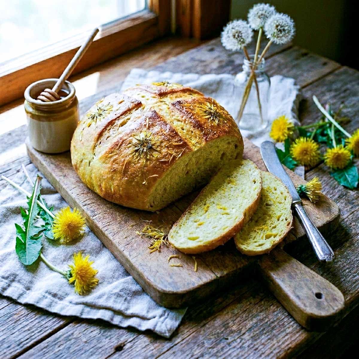 A golden round dandelion bread loaf on a wooden board with dandelion flowers pressed into the crust, two slices cut to show a soft golden crumb, a honey jar and fresh dandelion flowers beside it, linen napkin, warm window light