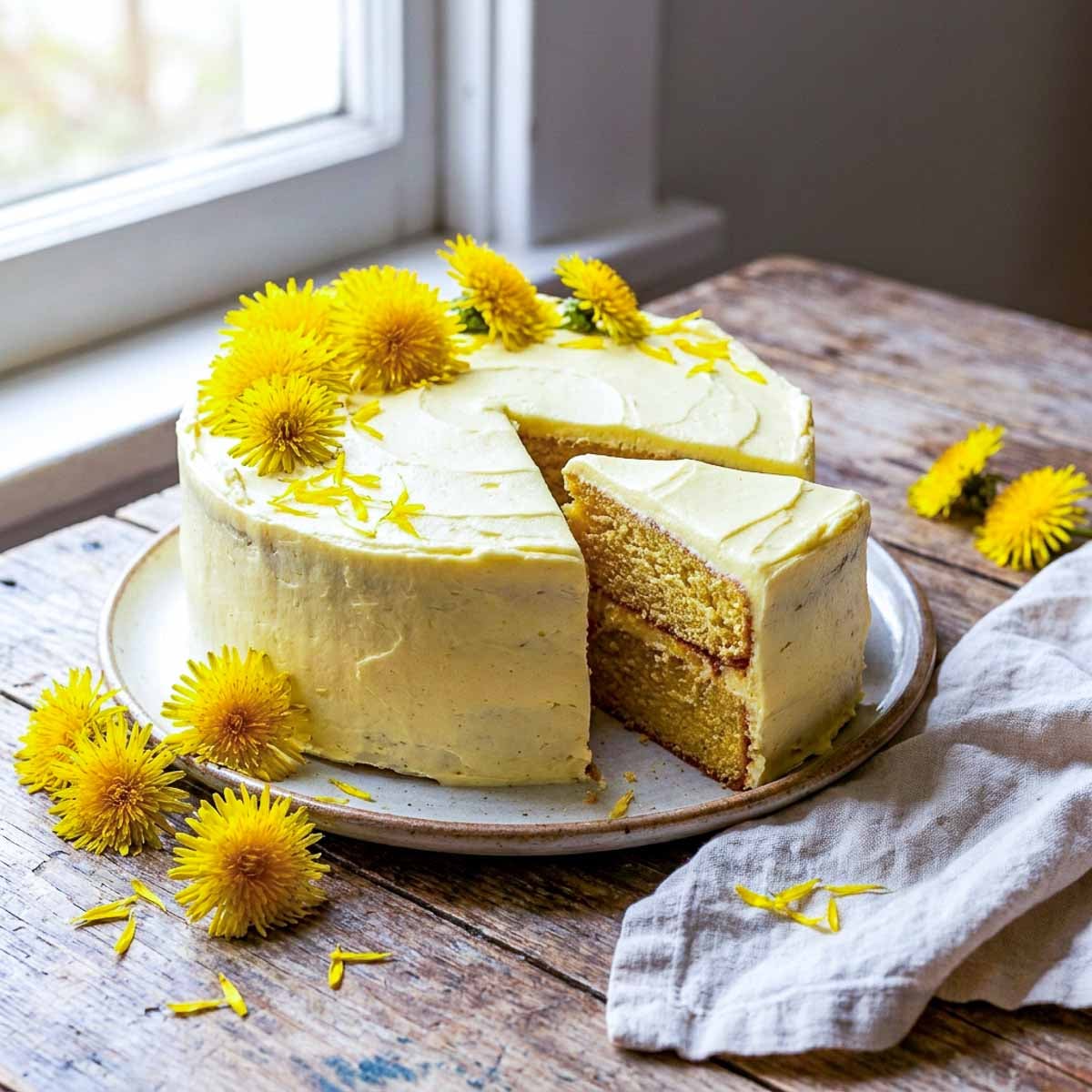 A two-layer round dandelion cake with pale yellow honey buttercream frosting on a ceramic plate, one slice cut to reveal golden soft layers inside, fresh dandelion flowers around the base and on top, scattered dandelion petals, worn wooden surface, linen napkin, warm spring window light