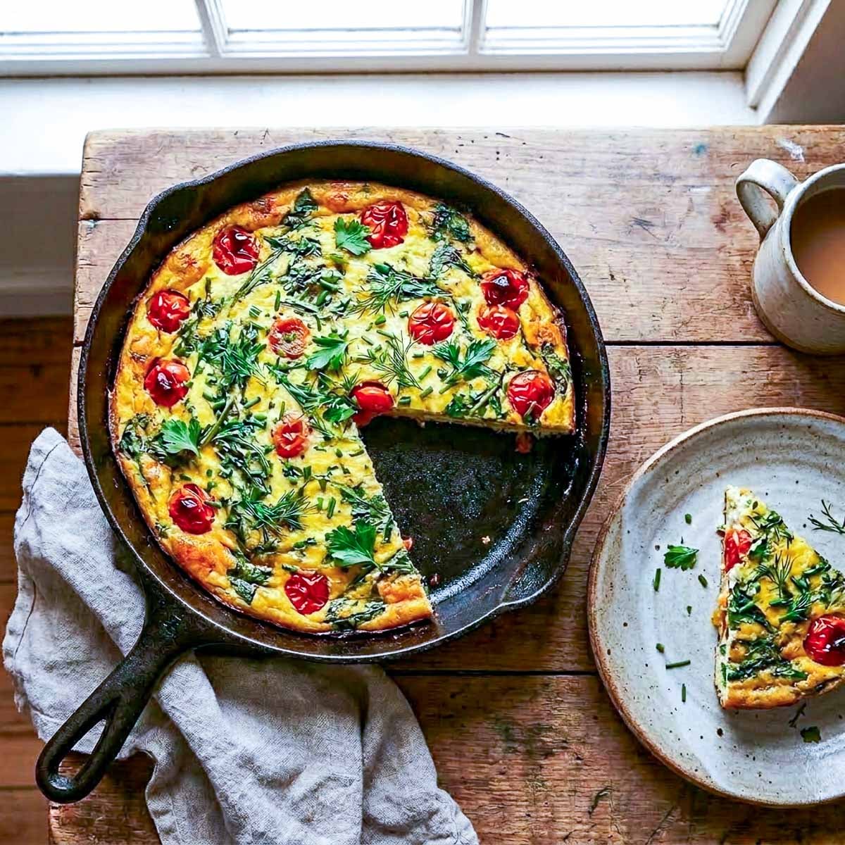 Overhead view of a golden baked frittata in a cast iron skillet with dandelion greens, cherry tomatoes, and fresh herbs, a slice lifted onto a ceramic plate beside the skillet, coffee mug and linen napkin on a worn wooden surface, soft morning window light