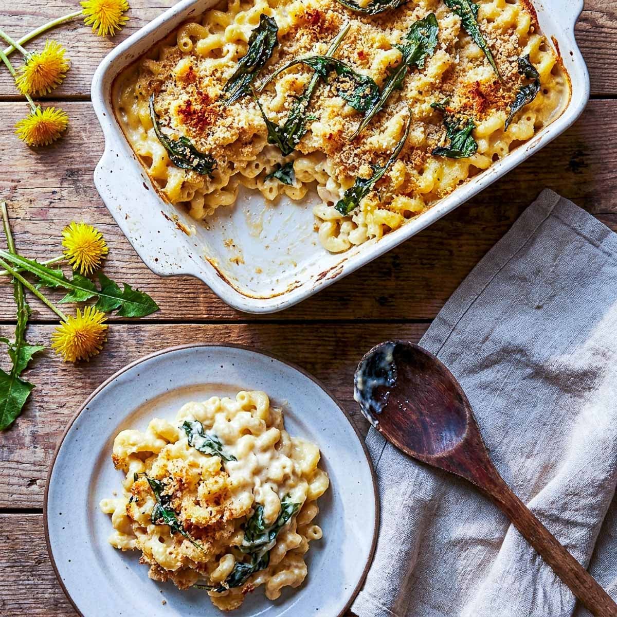 Overhead view of a white ceramic baking dish of baked mac and cheese with dandelion greens and a golden breadcrumb crust, a ceramic plate with a freshly served portion in the foreground, wooden spoon and dandelion flowers on a worn wooden surface, linen napkin