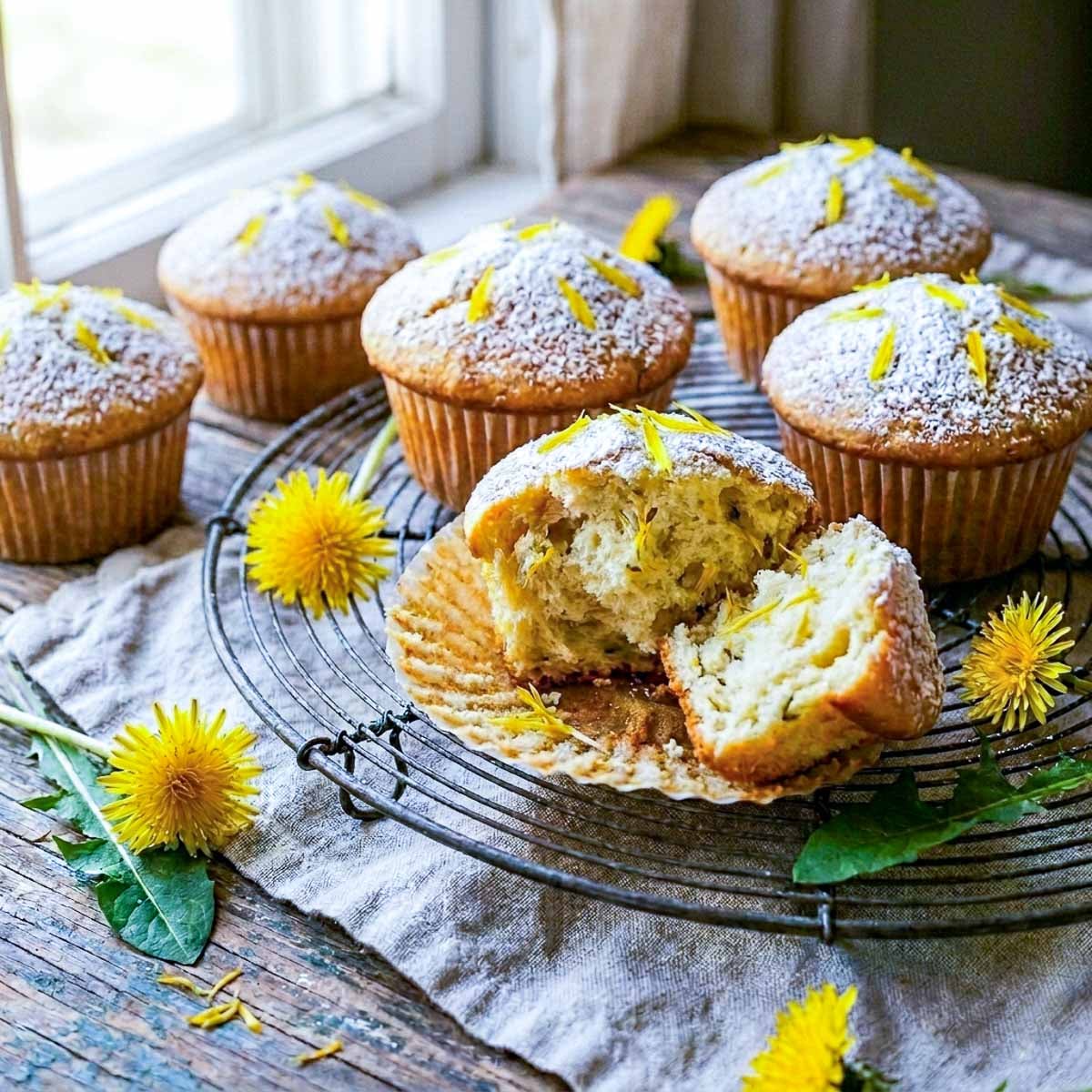 A round wire cooling rack with golden dandelion muffins with yellow dandelion petals pressed into the tops and a dusting of powdered sugar, one muffin split open to show a soft fluffy interior with petals throughout, fresh dandelion flowers and scattered petals on a worn wooden surface, linen napkin, soft morning window light