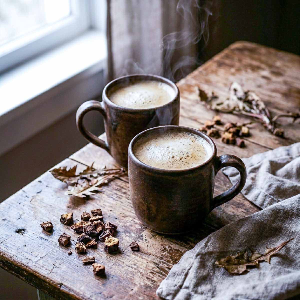 A steaming dark ceramic mug of dandelion root coffee on a rustic wooden table with roasted dandelion root pieces and dried leaves scattered around a linen napkin, soft window light