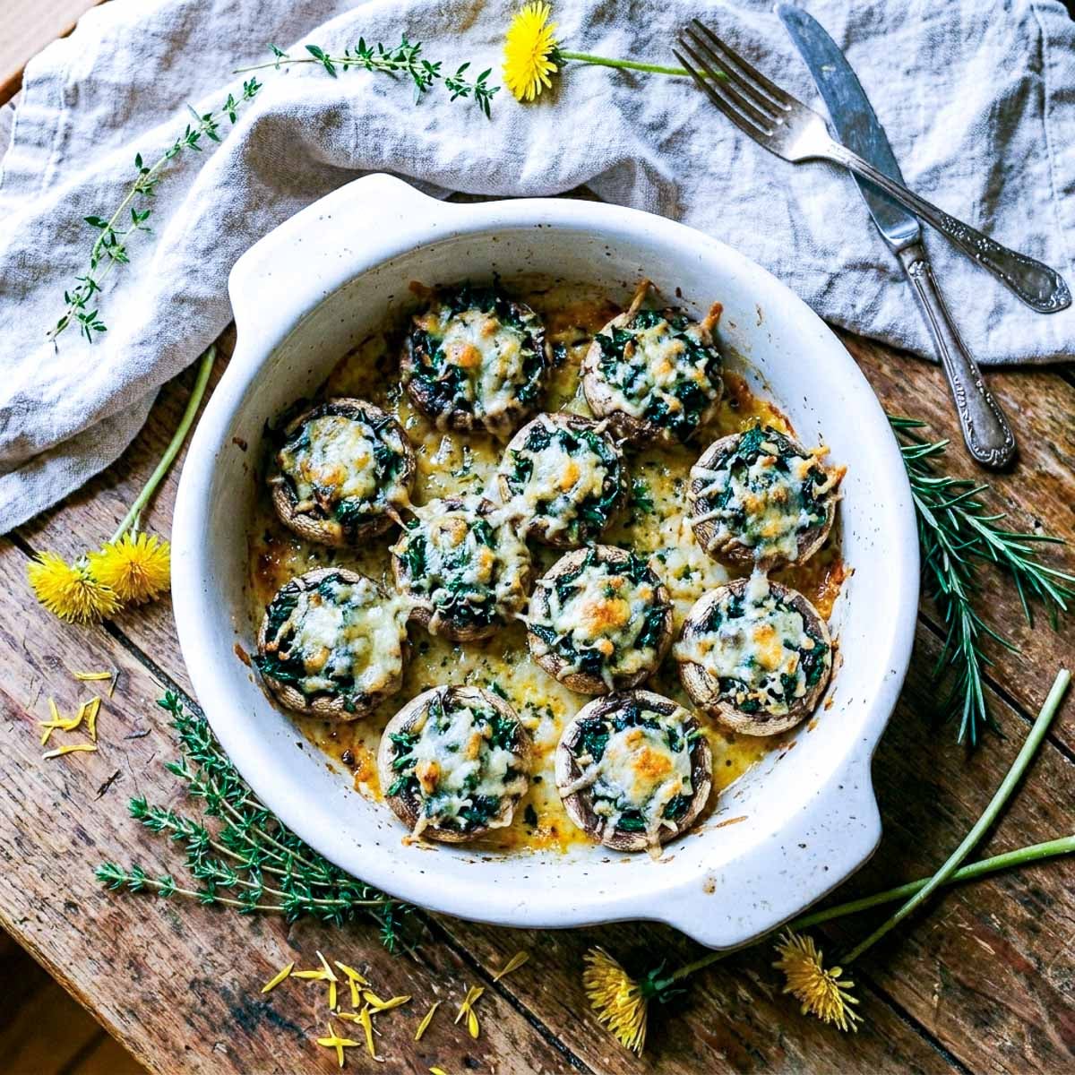 Overhead view of a white ceramic baking dish of golden stuffed mushroom caps filled with dandelion greens and melted cheese, fresh thyme and dandelion flowers scattered around the dish, vintage cutlery on a linen napkin, worn wooden surface