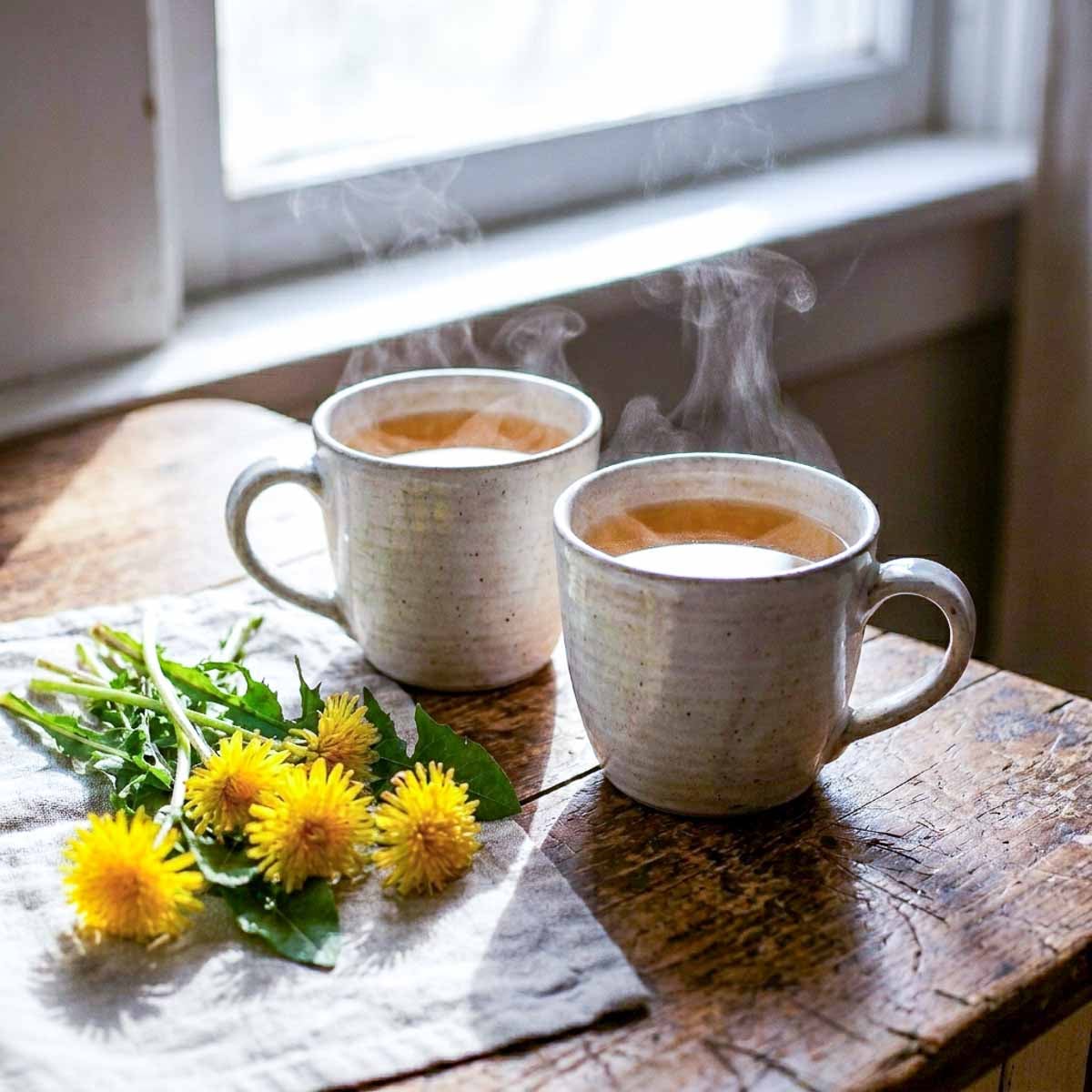 A steaming ceramic mug of dandelion tea on a rustic wooden table with fresh dandelion flowers and leaves on a linen cloth, soft morning window light