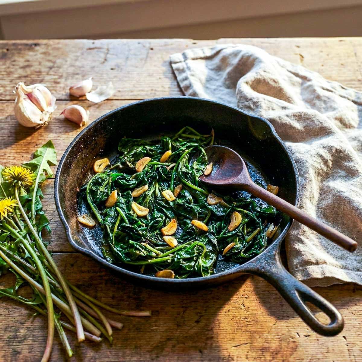 A cast iron skillet of wilted dandelion greens with golden garlic slivers and a wooden spoon, fresh dandelion stems and a garlic bulb beside the pan, linen napkin, warm natural side light