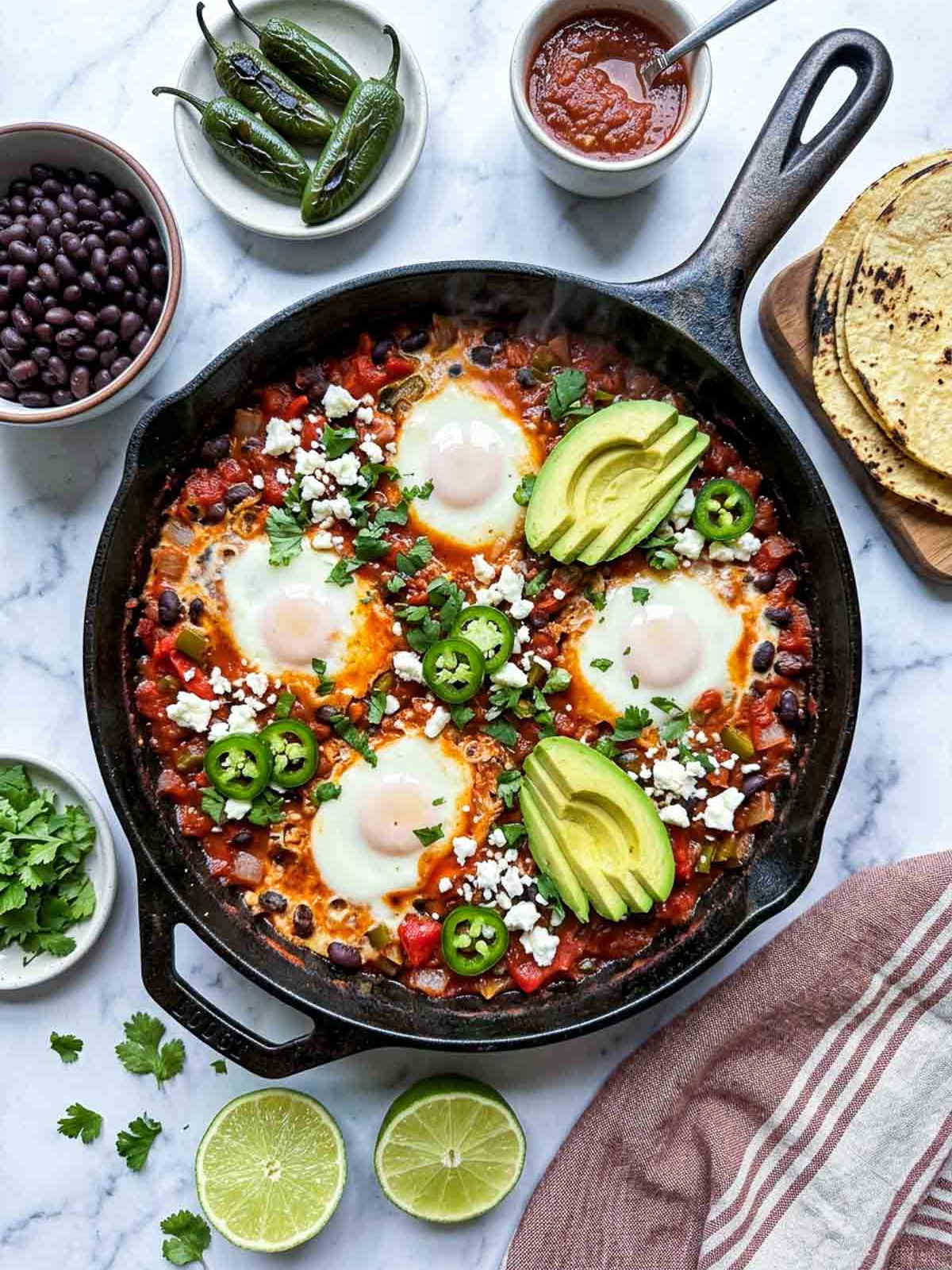 Overhead shot of a cast iron skillet with Mexican shakshuka — four eggs poached in a smoky chipotle-tomato and black bean sauce, topped with crumbled cotija, sliced avocado, sliced jalapeño, and fresh cilantro, on a white marble surface with a muted striped linen napkin, bowls of black beans, shishito peppers, and salsa, charred corn tortillas on a wooden board, and halved limes scattered around.