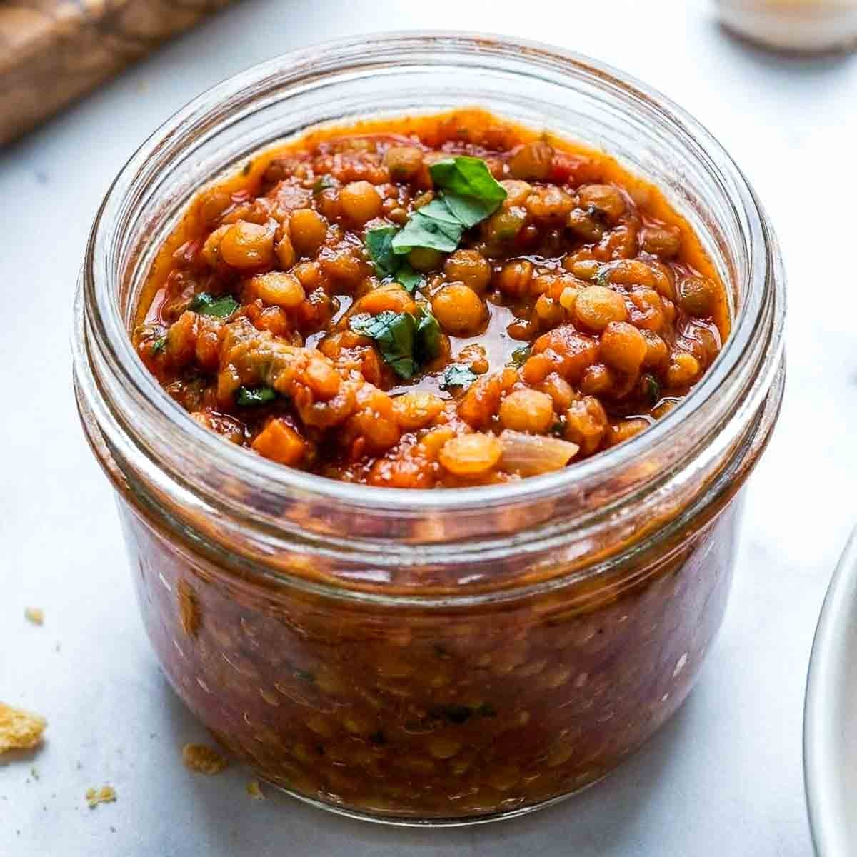 A glass jar filled with homemade red lentil Bolognese sauce made with tomatoes, vegetables, and red lentils.