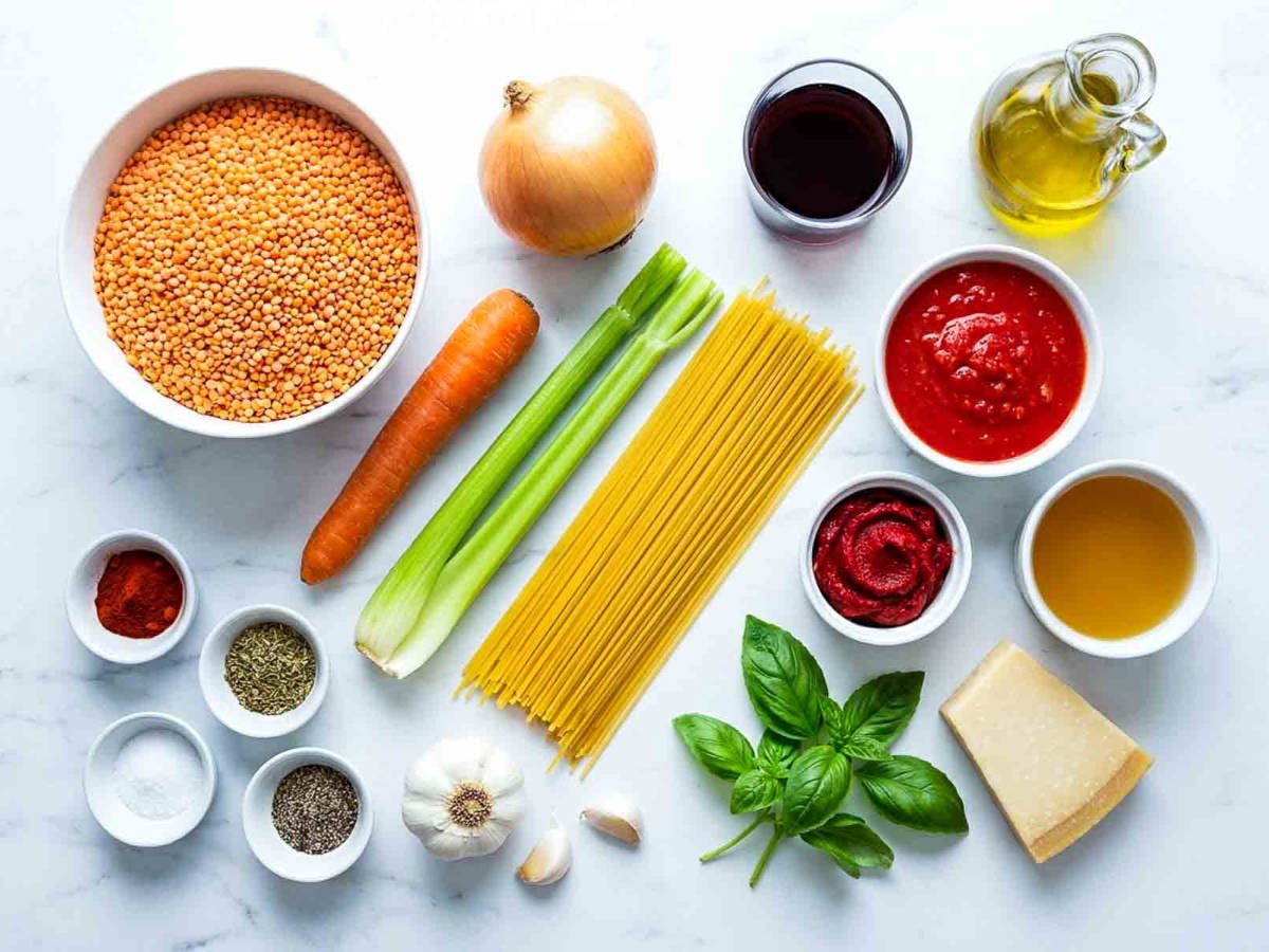 Ingredients for red lentil Bolognese arranged on a marble surface, including red lentils, spaghetti, onion, carrot, celery, tomato sauce, tomato paste, red wine, olive oil, garlic, basil, broth, and Parmesan cheese.