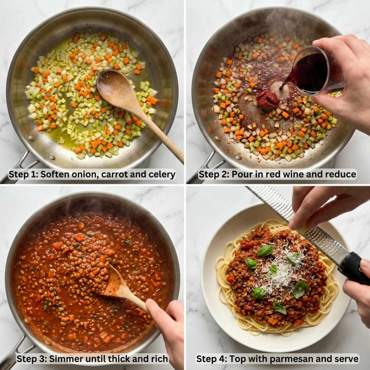 Four-step collage showing how to make red lentil Bolognese, from sautéing vegetables and adding wine to simmering the sauce and serving it over spaghetti with Parmesan cheese.