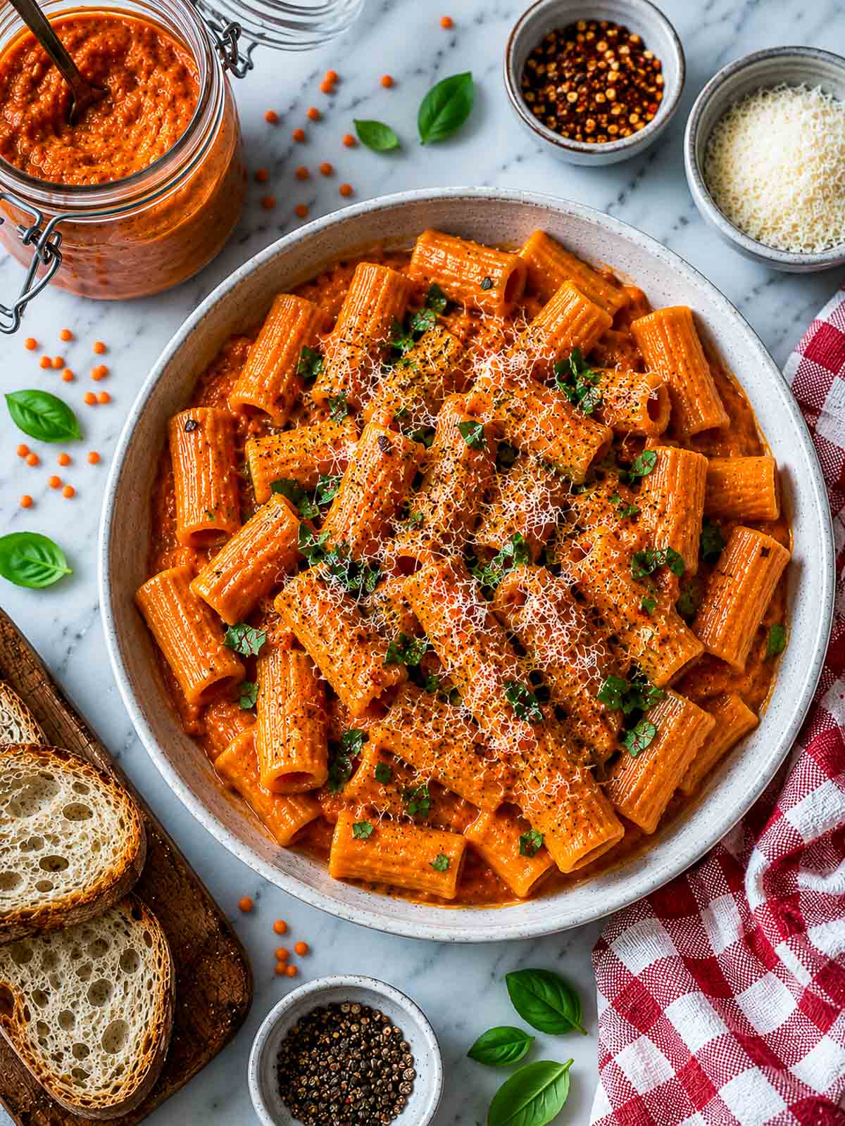 Top-down view of creamy red lentil rigatoni pasta garnished with Parmesan, basil, and black pepper with toasted bread, sauce jar, and red check napkin nearby.