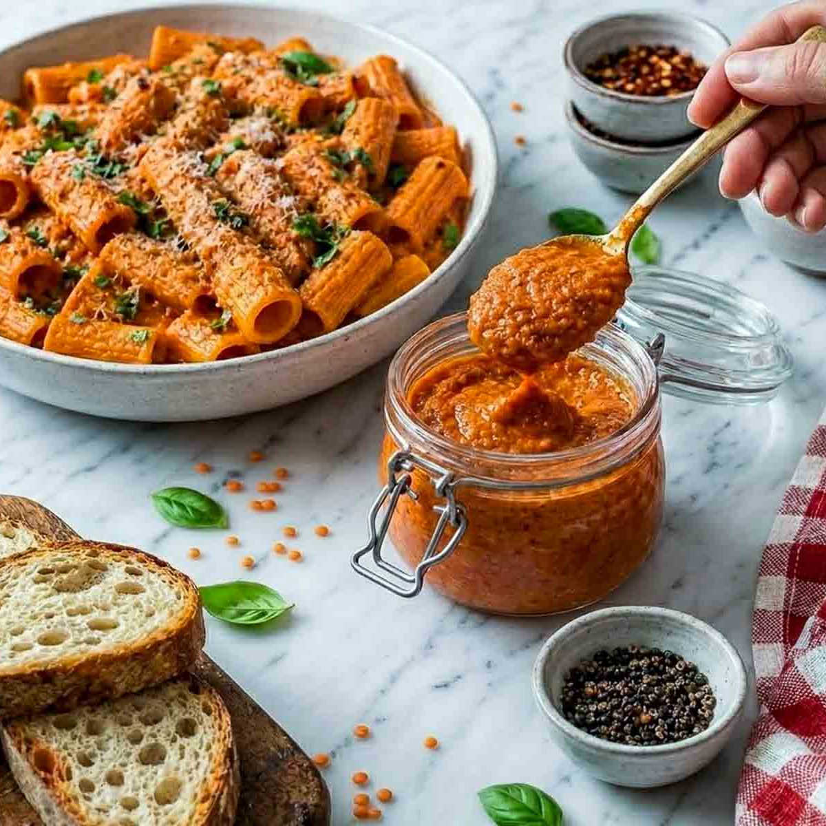 Spoonful of creamy red lentil pasta sauce beside bowl of rigatoni pasta and toasted bread.