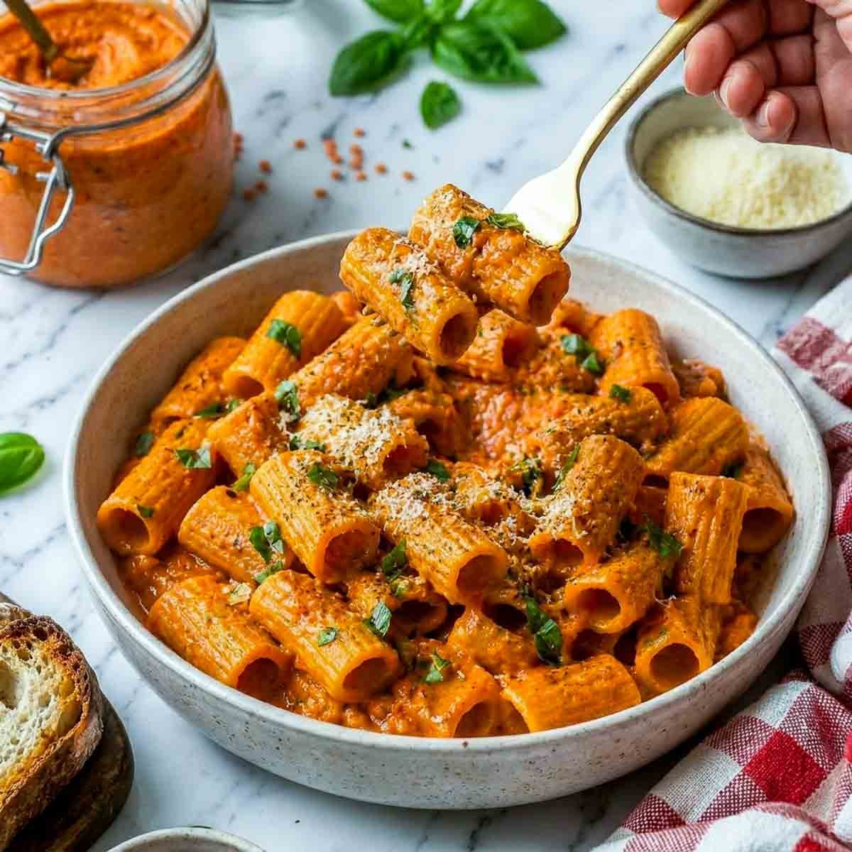 Fork lifting rigatoni coated in creamy red lentil pasta sauce from a bowl garnished with Parmesan, herbs, and black pepper.