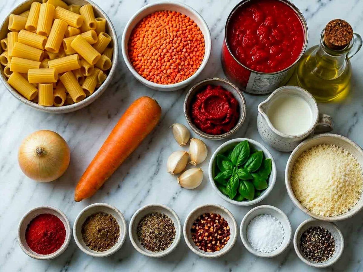 Ingredients for red lentil pasta sauce including pasta, lentils, tomatoes, garlic, herbs, and parmesan.