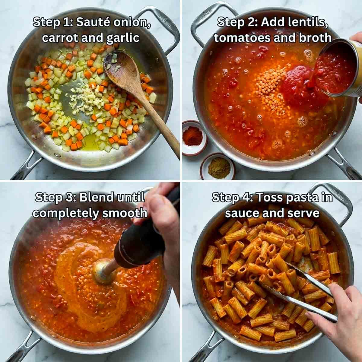 Four-step collage showing sautéed vegetables, simmering red lentil tomato sauce, blending the sauce, and tossing rigatoni pasta in the finished sauce.