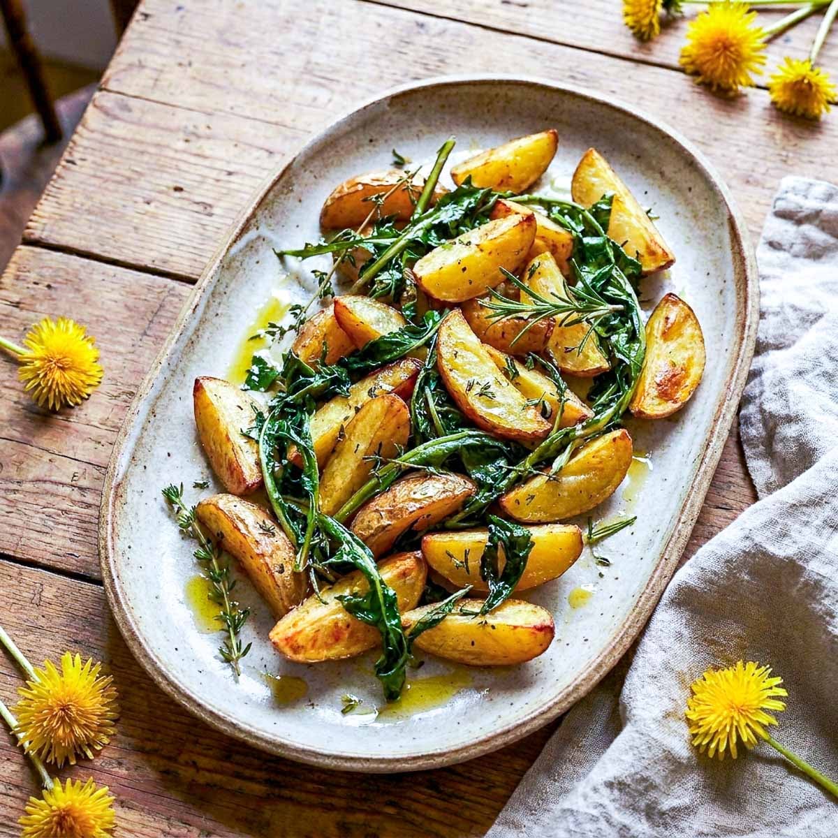 
An oval rustic ceramic platter of golden roasted potato wedges with wilted dandelion greens, fresh herb sprigs, and an olive oil drizzle, dandelion flowers scattered on a worn wooden table, linen napkin