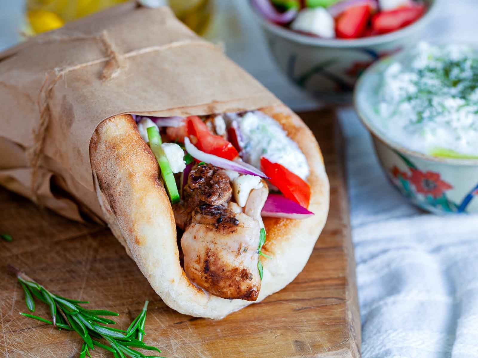 Souvlaki wrapped into a flatbread.