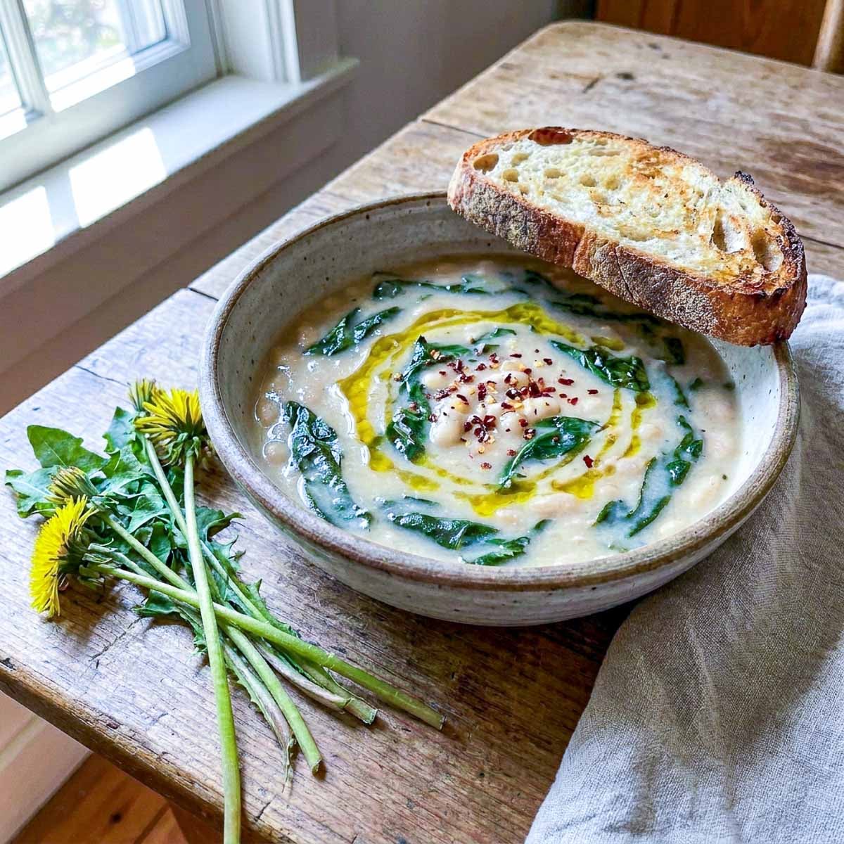 A rustic ceramic bowl of white bean soup with wilted dandelion greens, an olive oil drizzle and red pepper flakes on top, a slice of golden toasted bread resting on the edge, fresh dandelion flowers and stems beside the bowl, warm window light