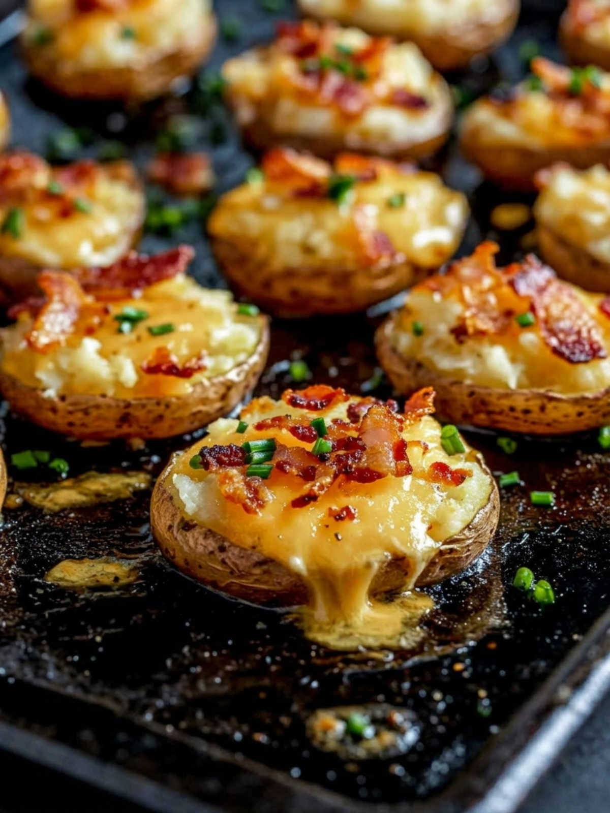 Blackstone garlic butter smashed potatoes topped with melted cheddar cheese, crispy bacon, and fresh chives cooking on a hot griddle.