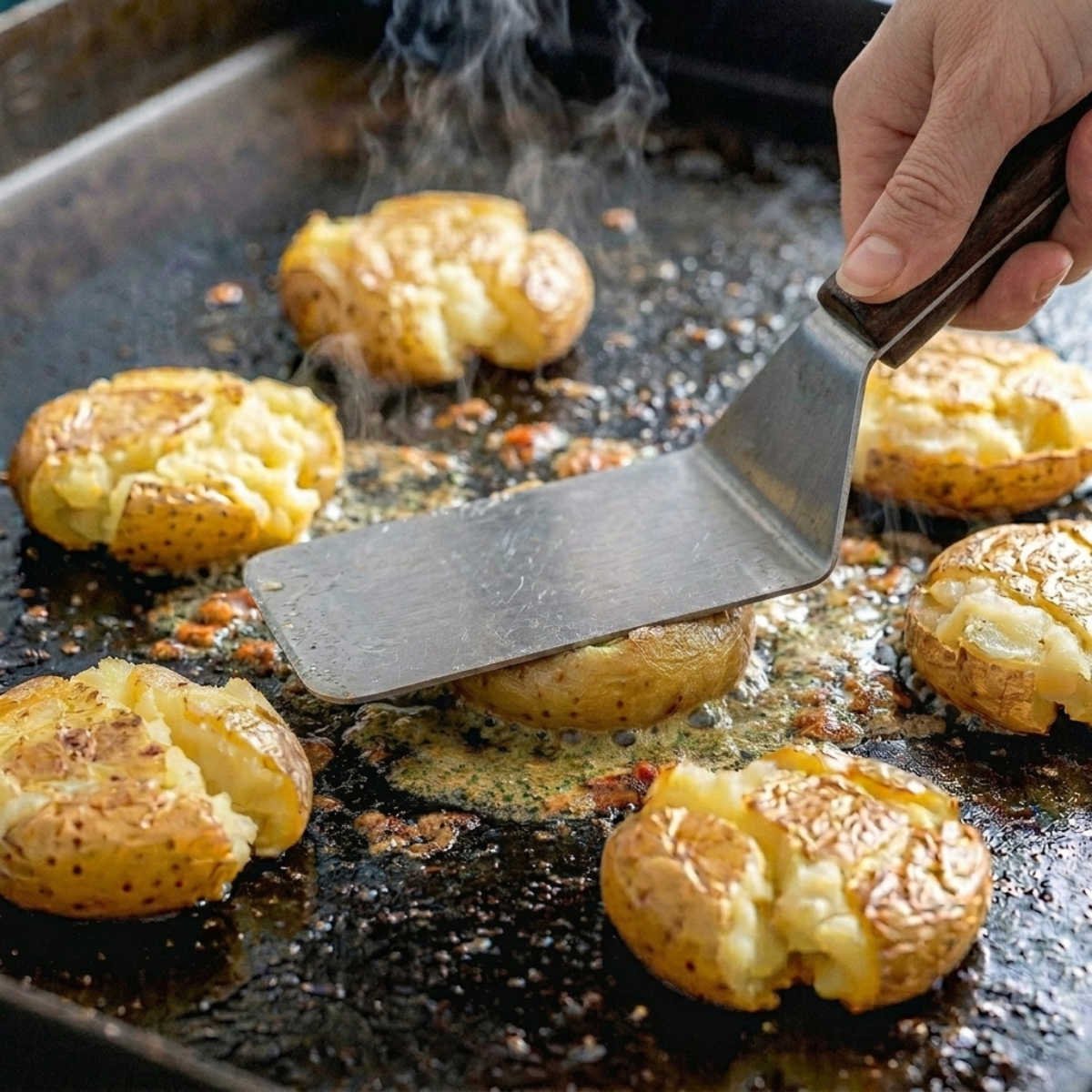Metal spatula smashing baby potatoes on a Blackstone griddle with sizzling garlic butter before adding cheese and bacon.