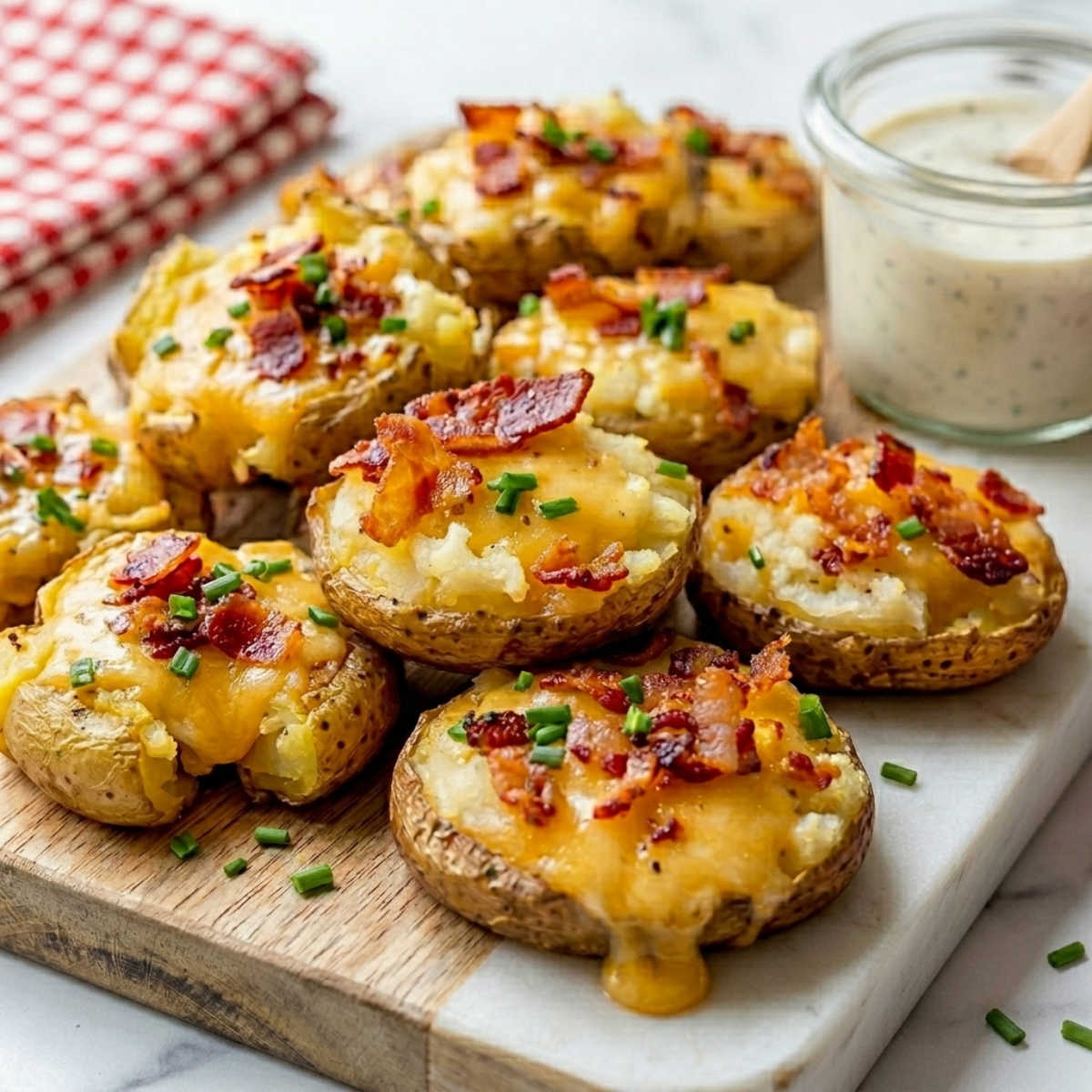 Blackstone garlic butter smashed potatoes served on a wooden board with melted cheddar, crispy bacon, fresh chives, and a side of ranch dipping sauce.