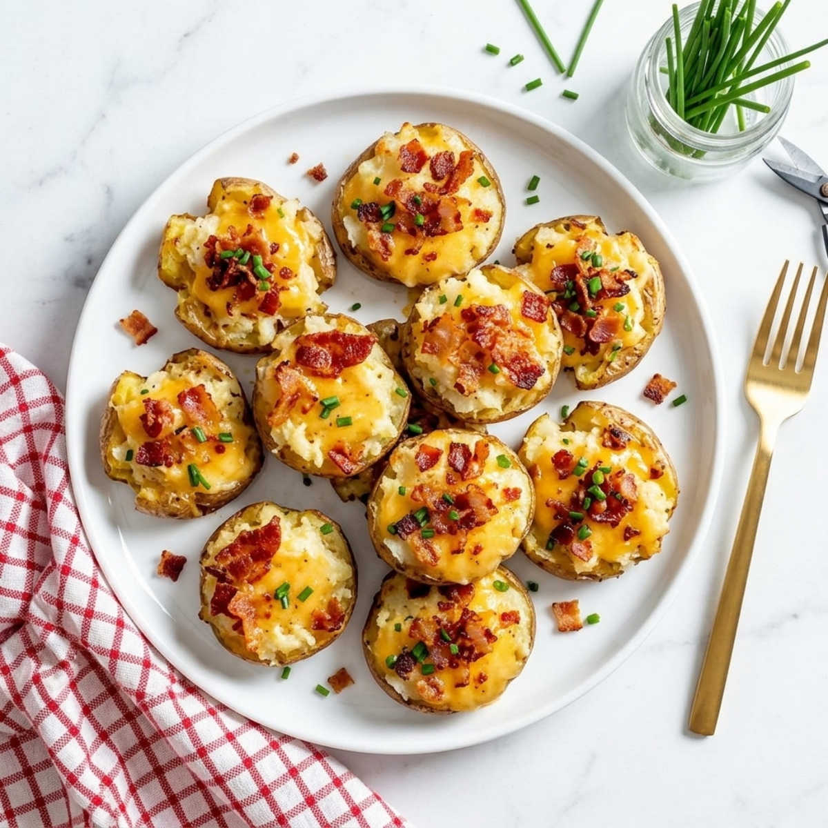 Top view of Blackstone garlic butter smashed potatoes topped with melted cheddar cheese, crispy bacon, and chopped chives on a serving plate.