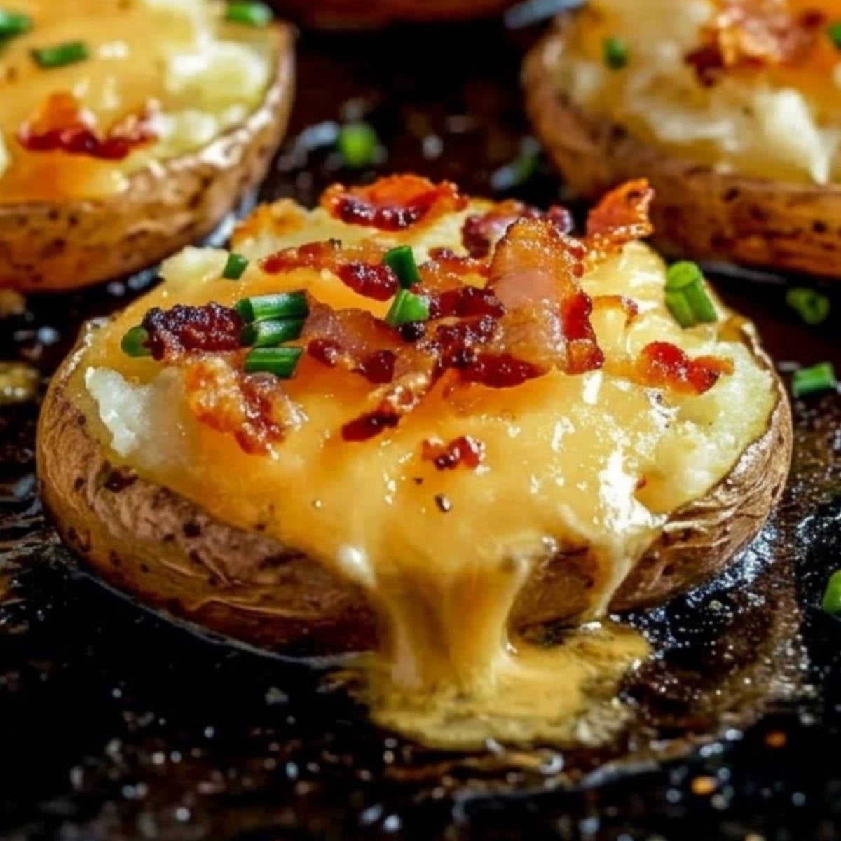 Close-up of a crispy Blackstone garlic butter smashed potato topped with melted cheddar cheese, bacon crumbles, and fresh chives.