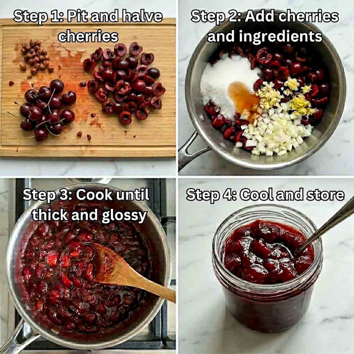 Step-by-step collage showing how to make cherry chutney, from pitting cherries and combining ingredients to cooking and storing the finished chutney.