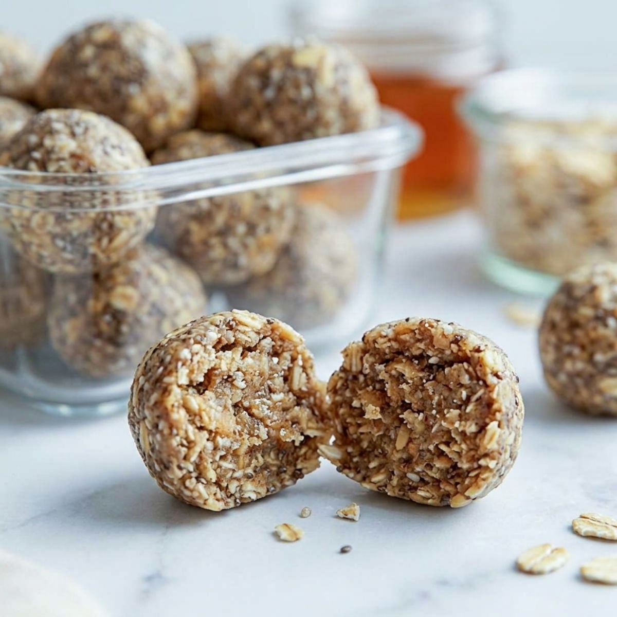 A no bake oatmeal energy ball split in half showing the soft chia and oat texture inside.