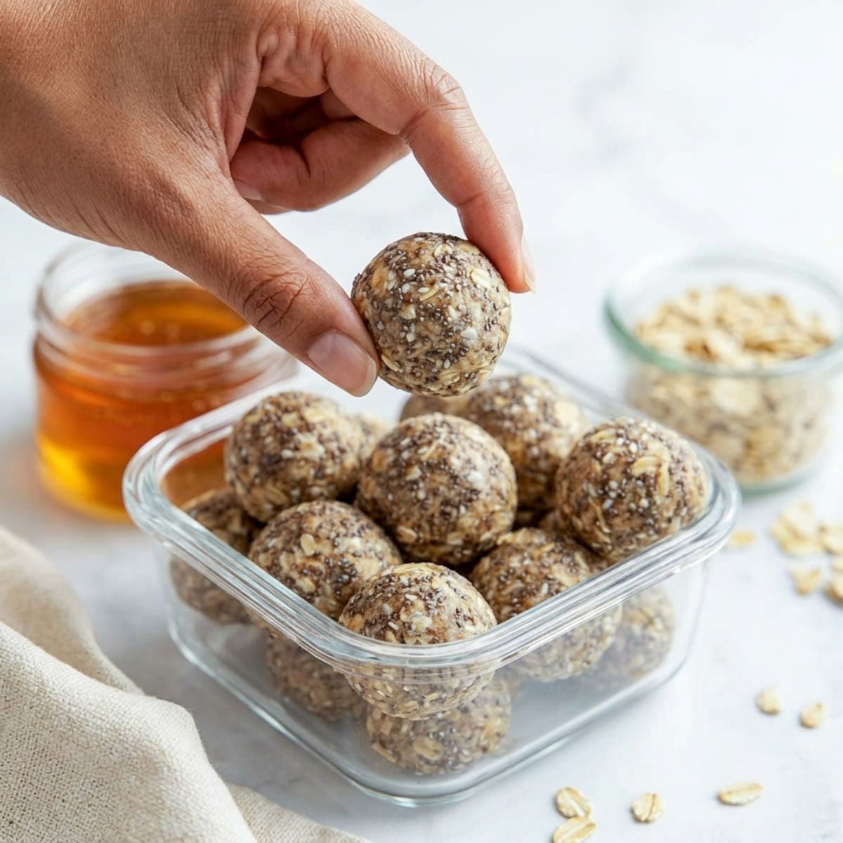 A hand picking up a protein energy ball made with oats, peanut butter, chia, and flaxseed