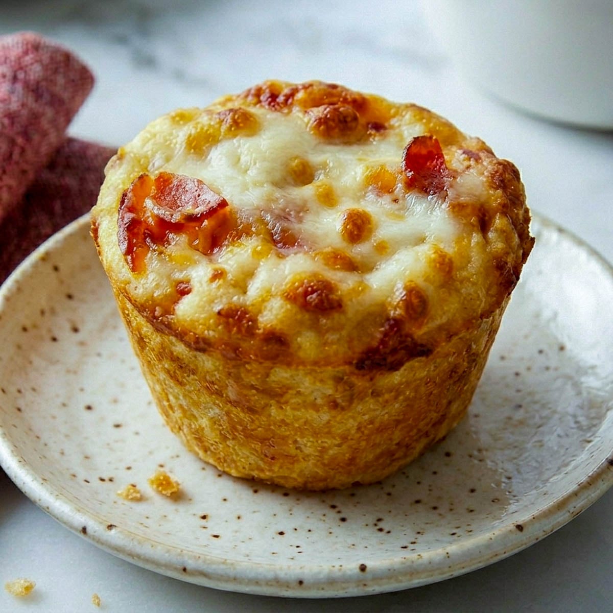 Single lunchbox pizza muffin with golden melted cheese and pepperoni on a speckled plate.