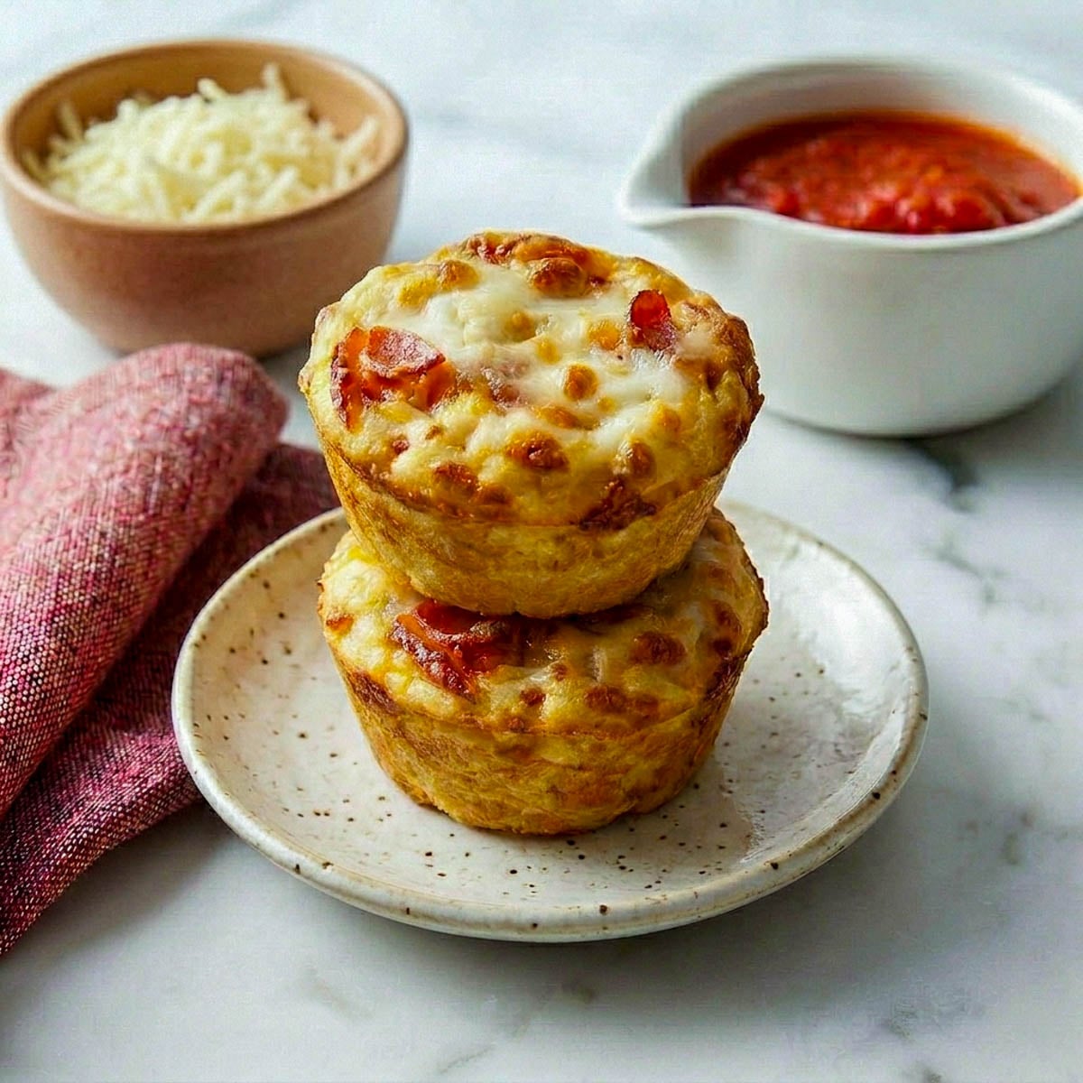 Two stacked lunchbox pizza muffins topped with melted mozzarella cheese and pepperoni, served with marinara sauce.