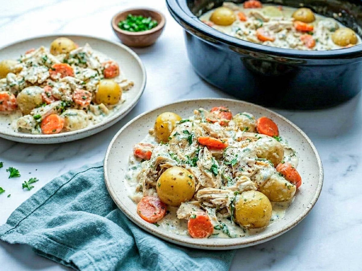 Two plates of crockpot ranch chicken and vegetables with baby potatoes and carrots in creamy ranch sauce, served alongside the slow cooker.