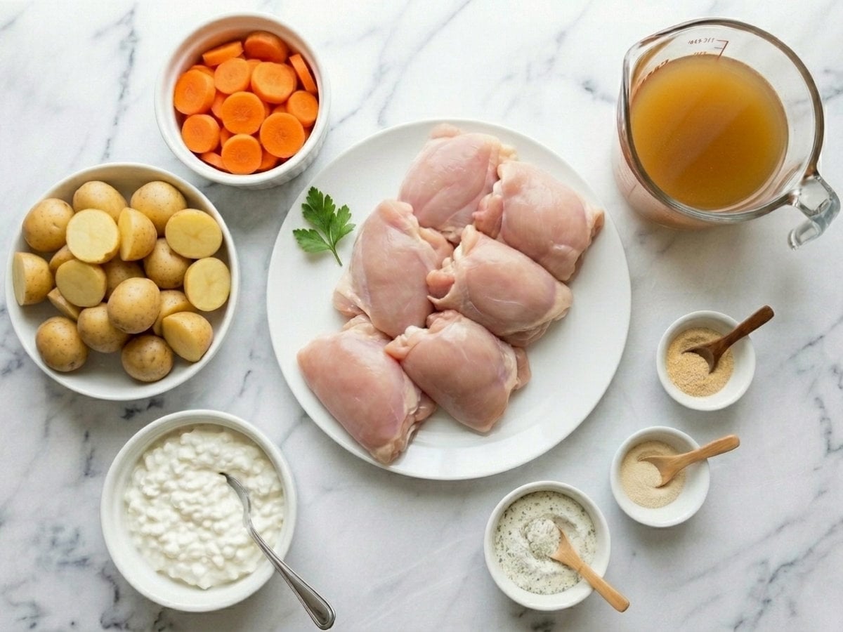 Ingredients for crockpot ranch chicken and potatoes including chicken thighs, baby potatoes, sliced carrots, cottage cheese, ranch seasoning, garlic powder, onion powder, and chicken broth on a marble surface.