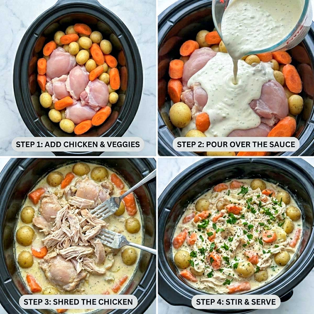 Four-step process collage showing how to make crockpot ranch chicken and potatoes: adding chicken and veggies, pouring cottage cheese ranch sauce, shredding the chicken, and the finished dish.